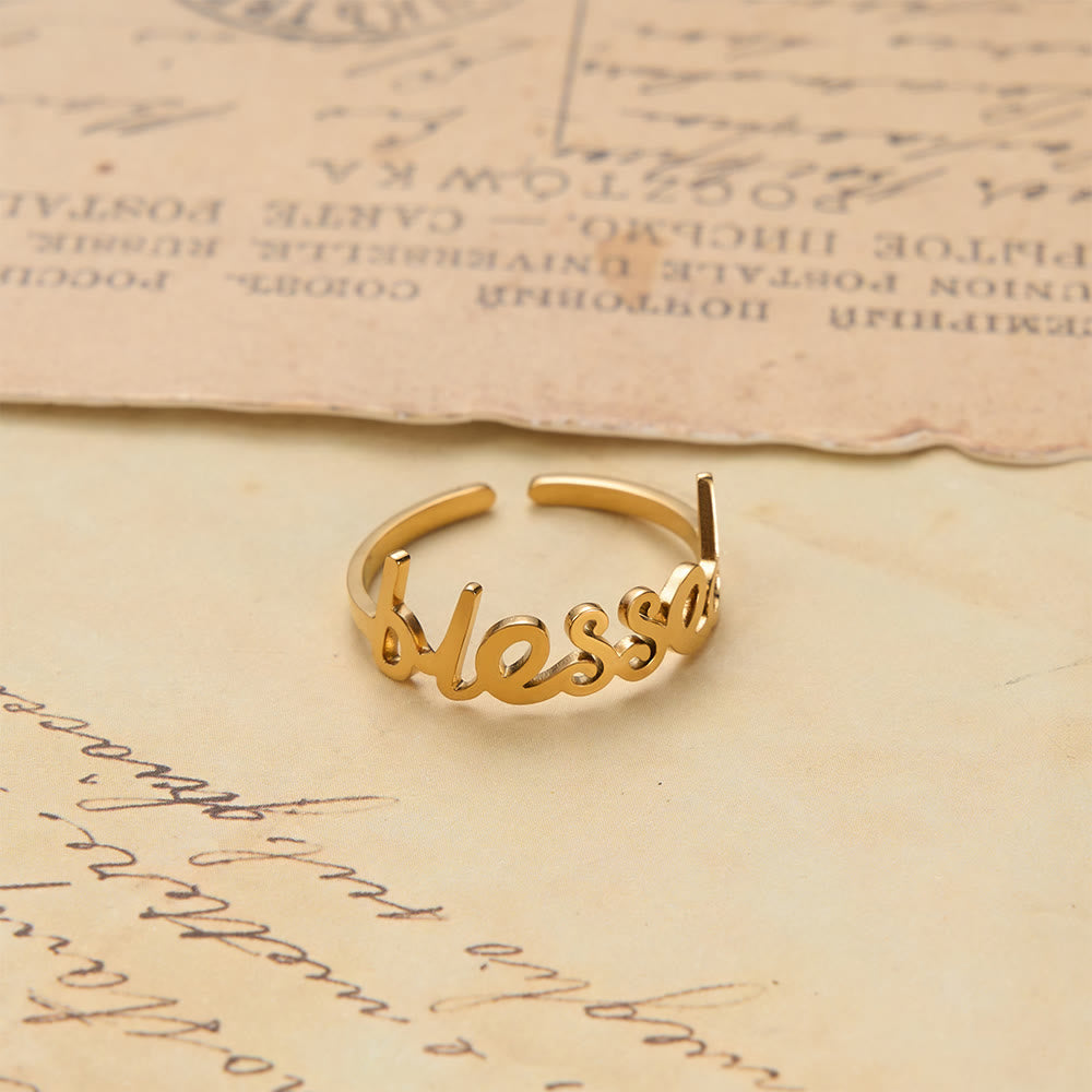 Christianartworkshop Bague ajustable ouverte avec inscription cursive « Parole bénie » : Emblème personnalisé de foi céleste inébranlable - Doré (Convient aux tailles américaines 6 à 10) - image 0