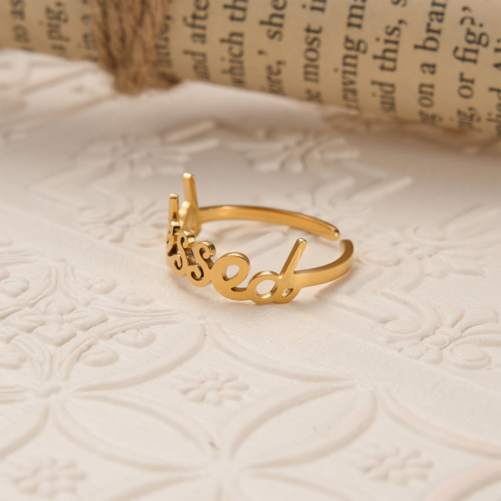 Christianartworkshop Bague ajustable ouverte avec inscription cursive « Parole bénie » : Emblème personnalisé de foi céleste inébranlable - image 1