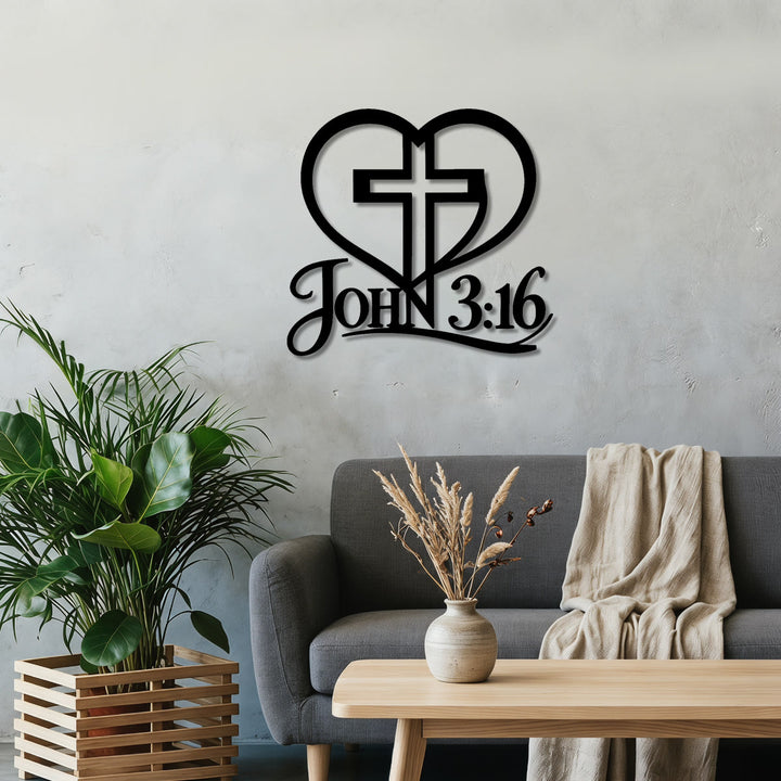 Christianartworkshop Croix en forme de cœur avec inscription Jean 3:16, décoration murale en métal : emblème intemporel de la grâce rédemptrice sacrée - image 0