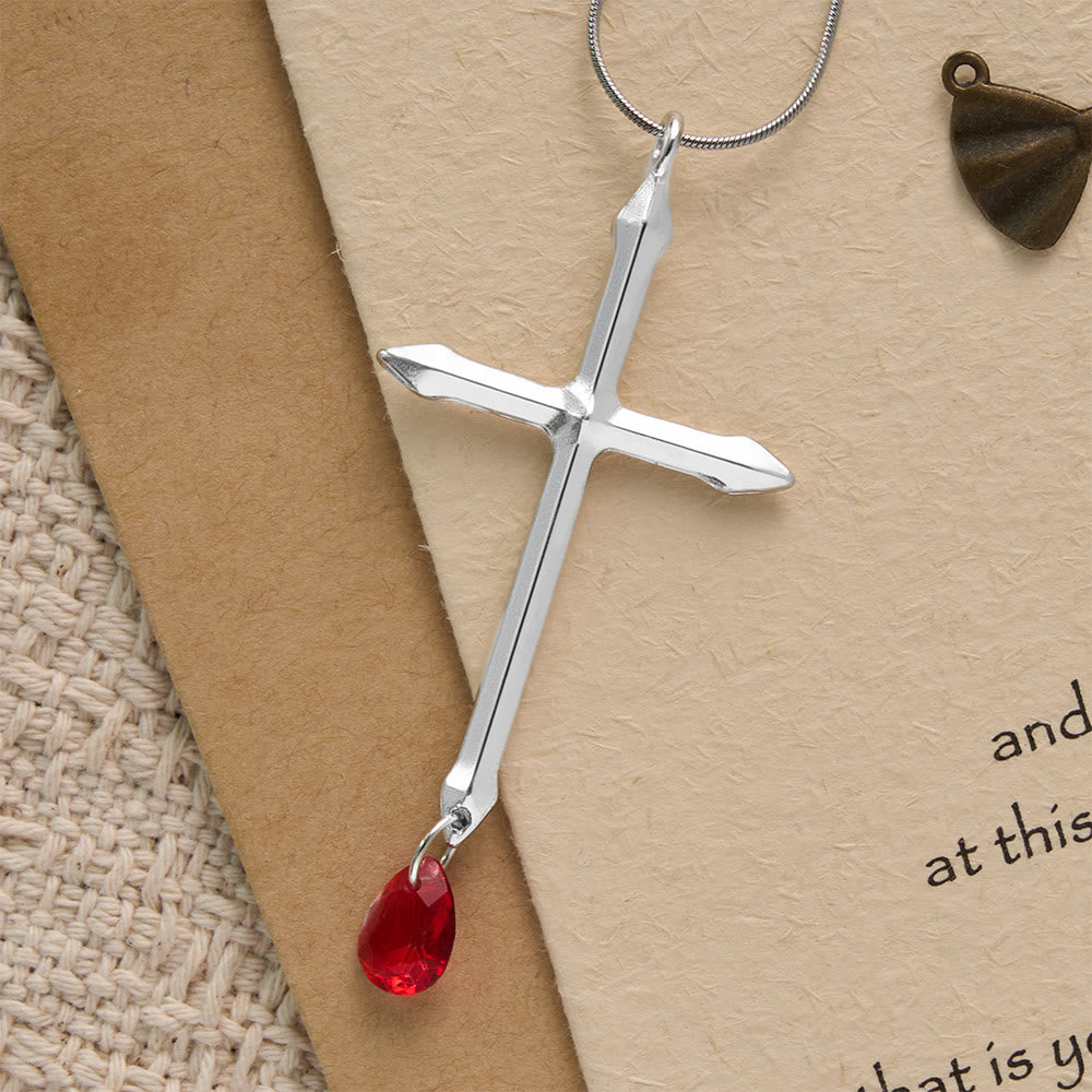 Collier Croix Épée avec pendentif en zircon rouge, Christianartworkshop : un souvenir sacré pour les croyants - Croix et goutte rouge - image 0
