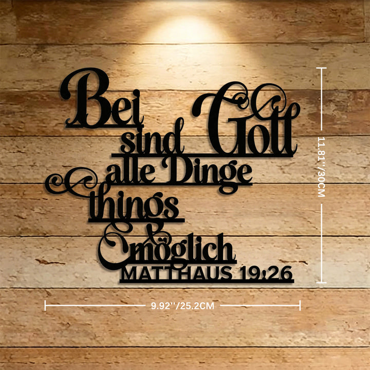 Christianartworkshop Décoration murale en métal avec verset biblique Matthieu 19:26 en écriture cursive allemande : emblème intemporel de la grâce rédemptrice sacrée - 11,81''*9,92''*0,04''/30cm*25,2cm*0,1cm - image 4