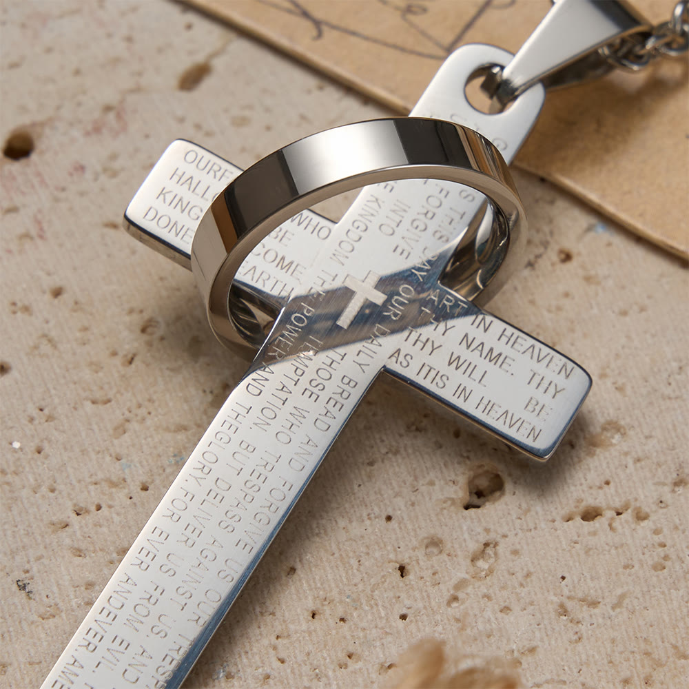 Collier pendentif croix gravée du Notre Père avec anneau tournant, signé Christianartworkshop - image 6