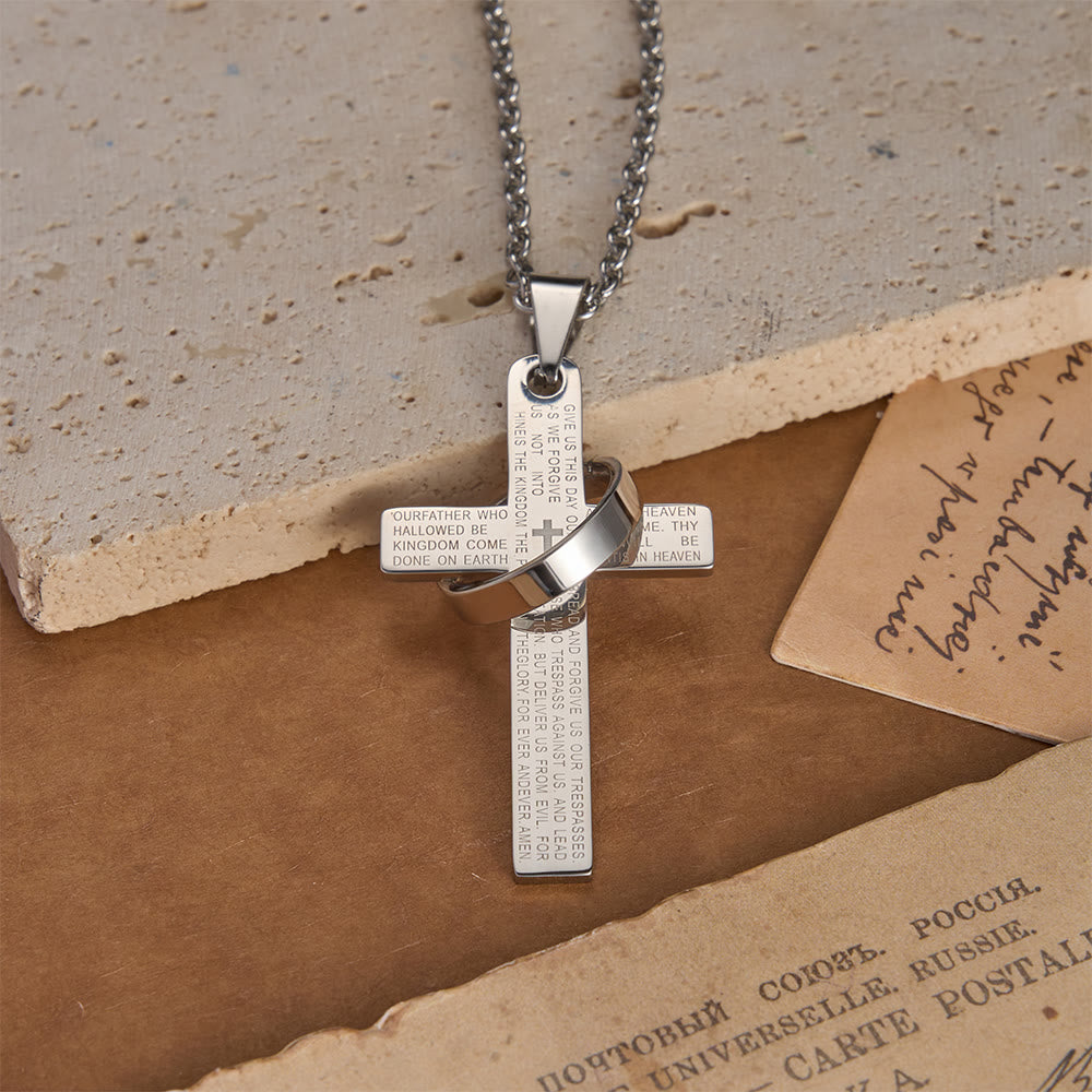 Collier pendentif croix gravée du Notre Père avec anneau tournant, signé Christianartworkshop - Argent - image 7