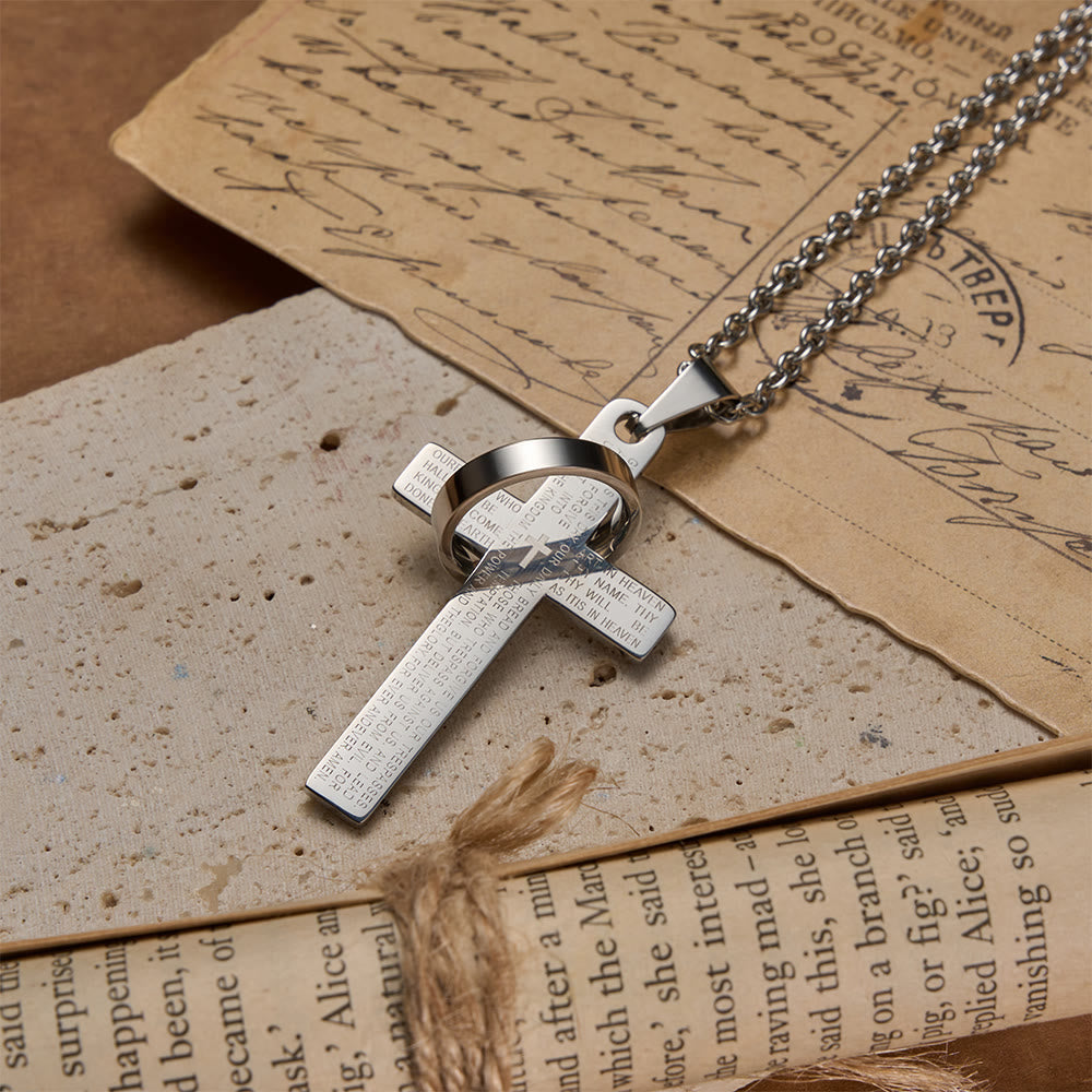 Collier pendentif croix gravée du Notre Père avec anneau tournant, signé Christianartworkshop - image 8