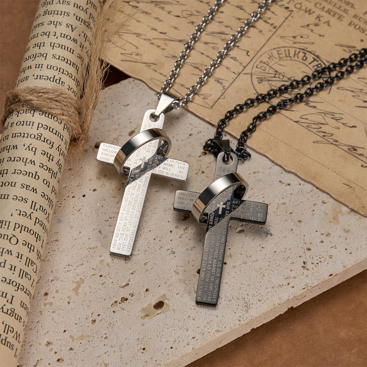 Collier pendentif croix gravée du Notre Père avec anneau tournant, signé Christianartworkshop - image 2