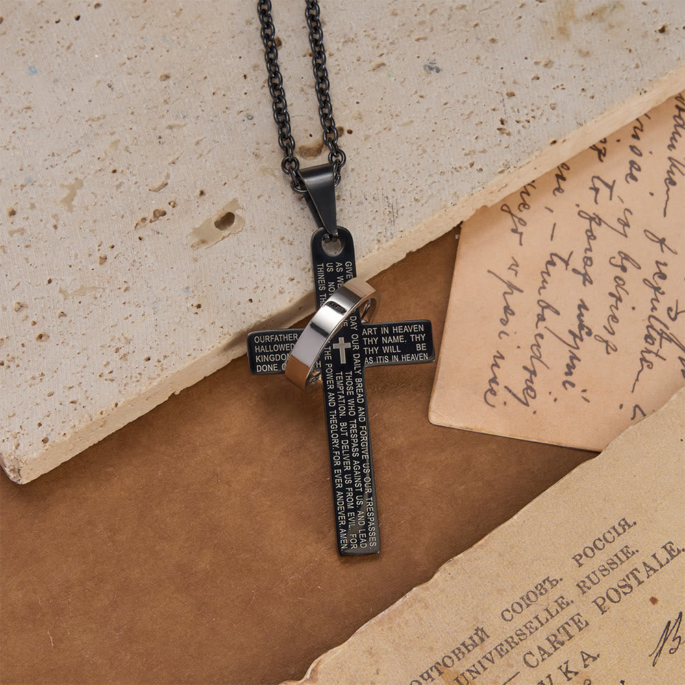 Collier pendentif croix gravée du Notre Père avec anneau tournant, signé Christianartworkshop - image 5