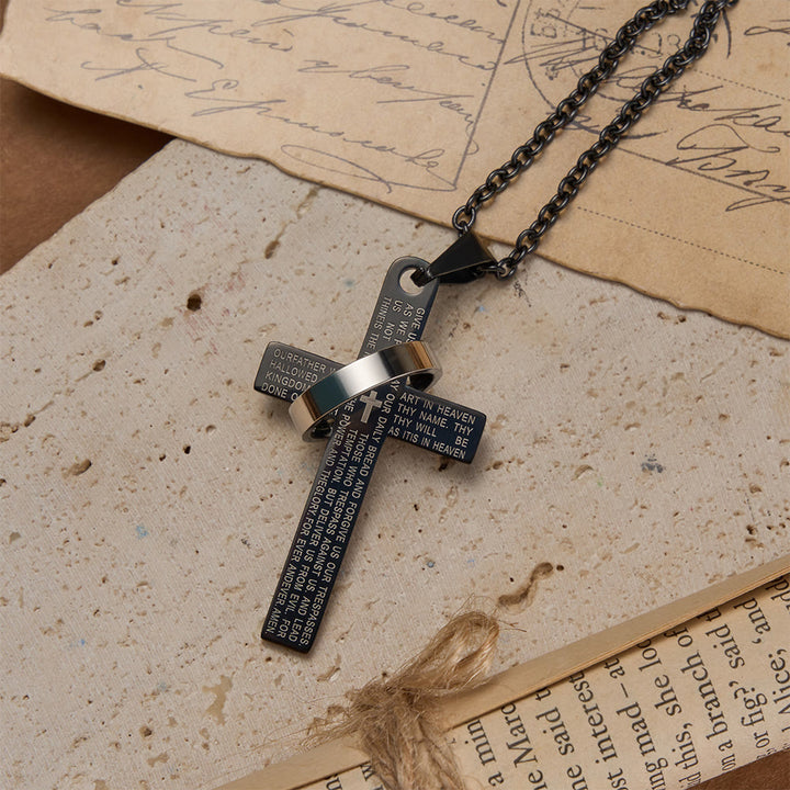 Collier pendentif croix gravée du Notre Père avec anneau tournant, signé Christianartworkshop - image 4