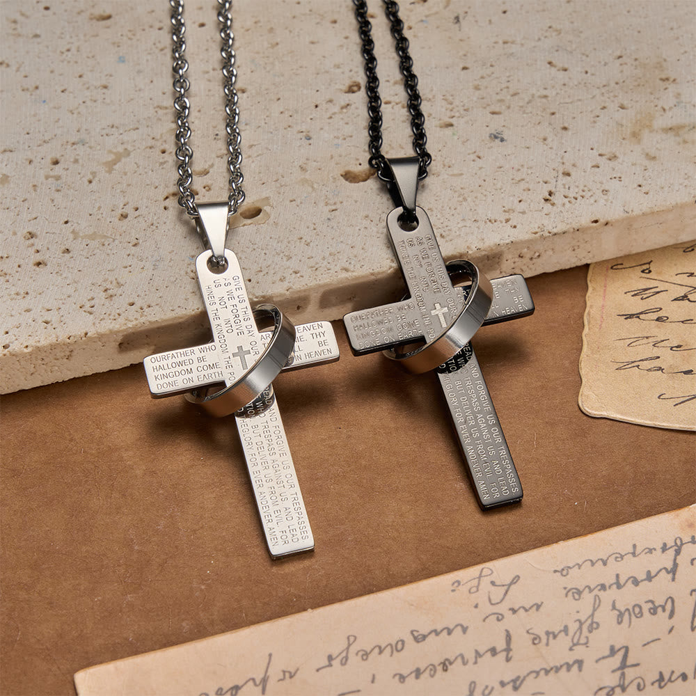 Collier pendentif croix gravée du Notre Père avec anneau tournant, signé Christianartworkshop - image 3