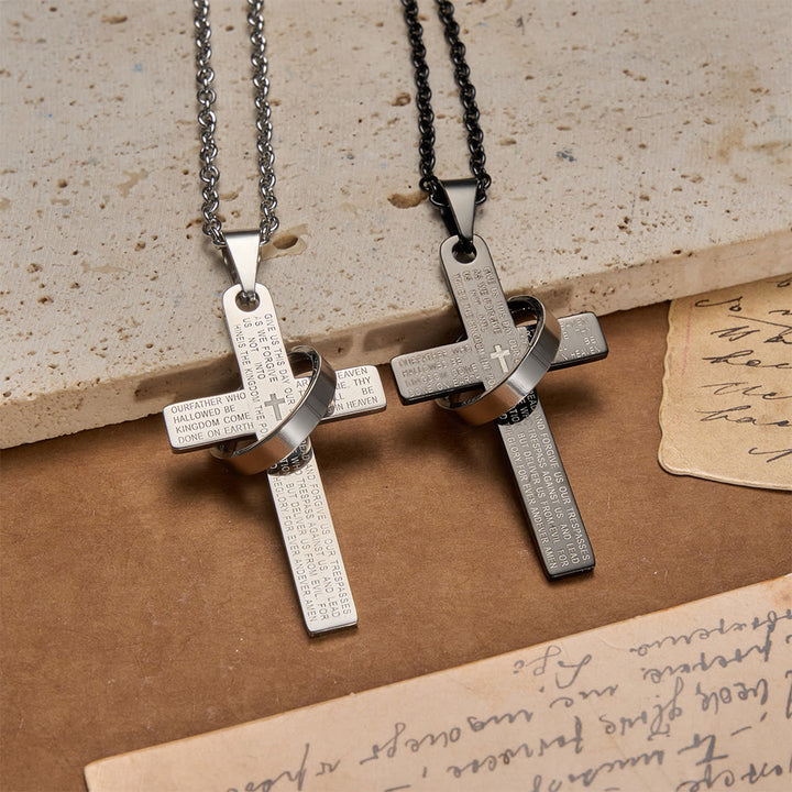 Collier pendentif croix gravée du Notre Père avec anneau tournant, signé Christianartworkshop - image 3