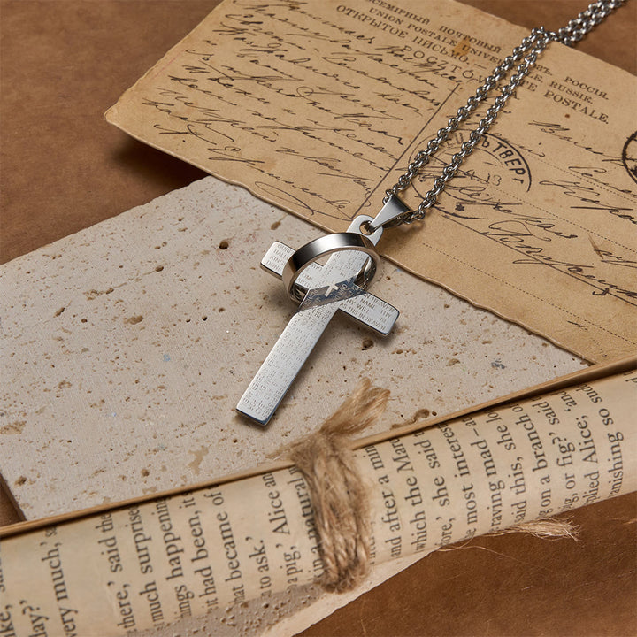 Collier pendentif croix gravée du Notre Père avec anneau tournant, signé Christianartworkshop - image 9