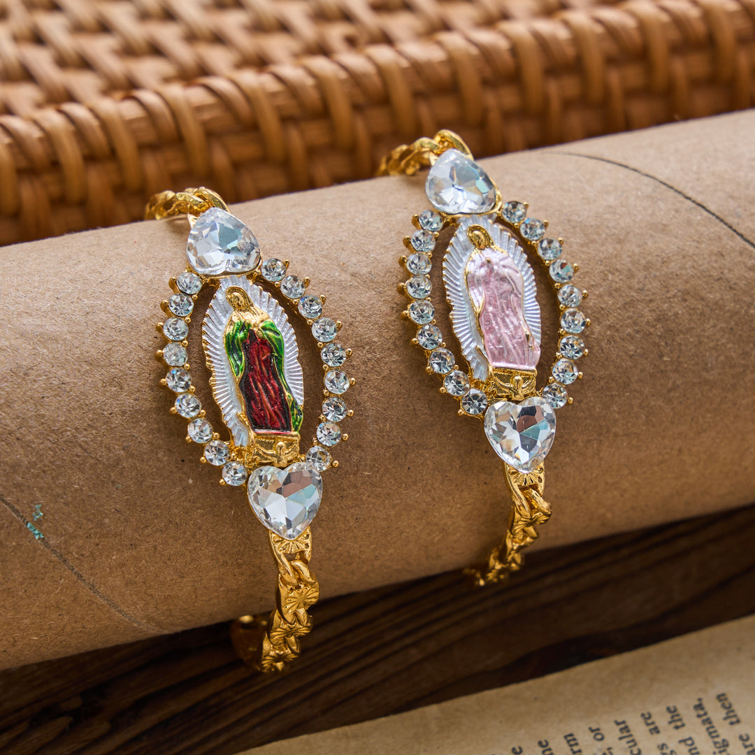 Christianartworkshop Bracelet à maillons gourmette avec pendentif ovale Notre-Dame de Guadalupe et cadre en cristal en forme de cœur : emblème personnalisé de la foi céleste inébranlable - image 2