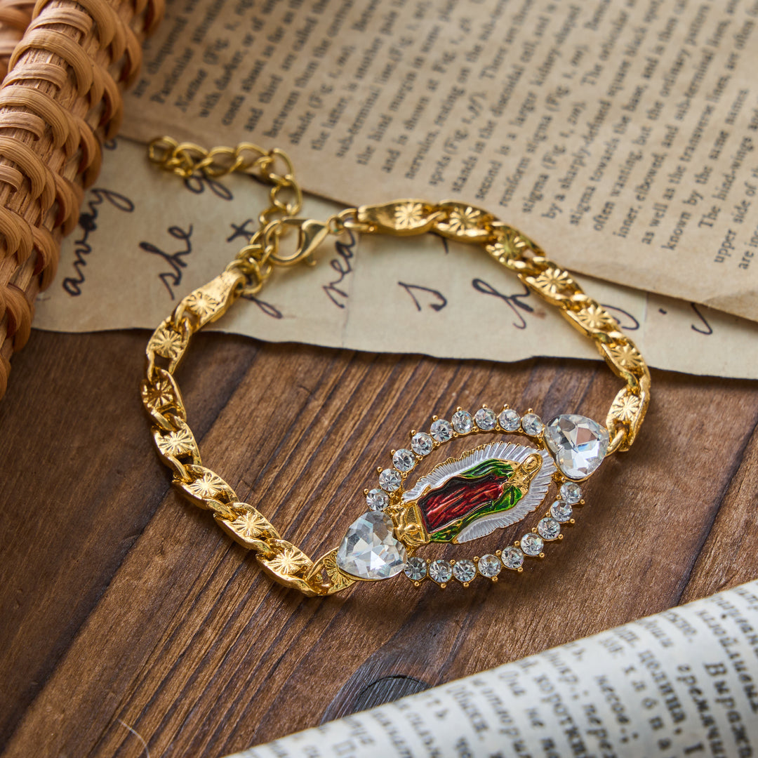 Christianartworkshop Bracelet à maillons gourmette avec pendentif ovale Notre-Dame de Guadalupe et cadre en cristal en forme de cœur : emblème personnalisé de la foi céleste inébranlable - Rouge - image 4