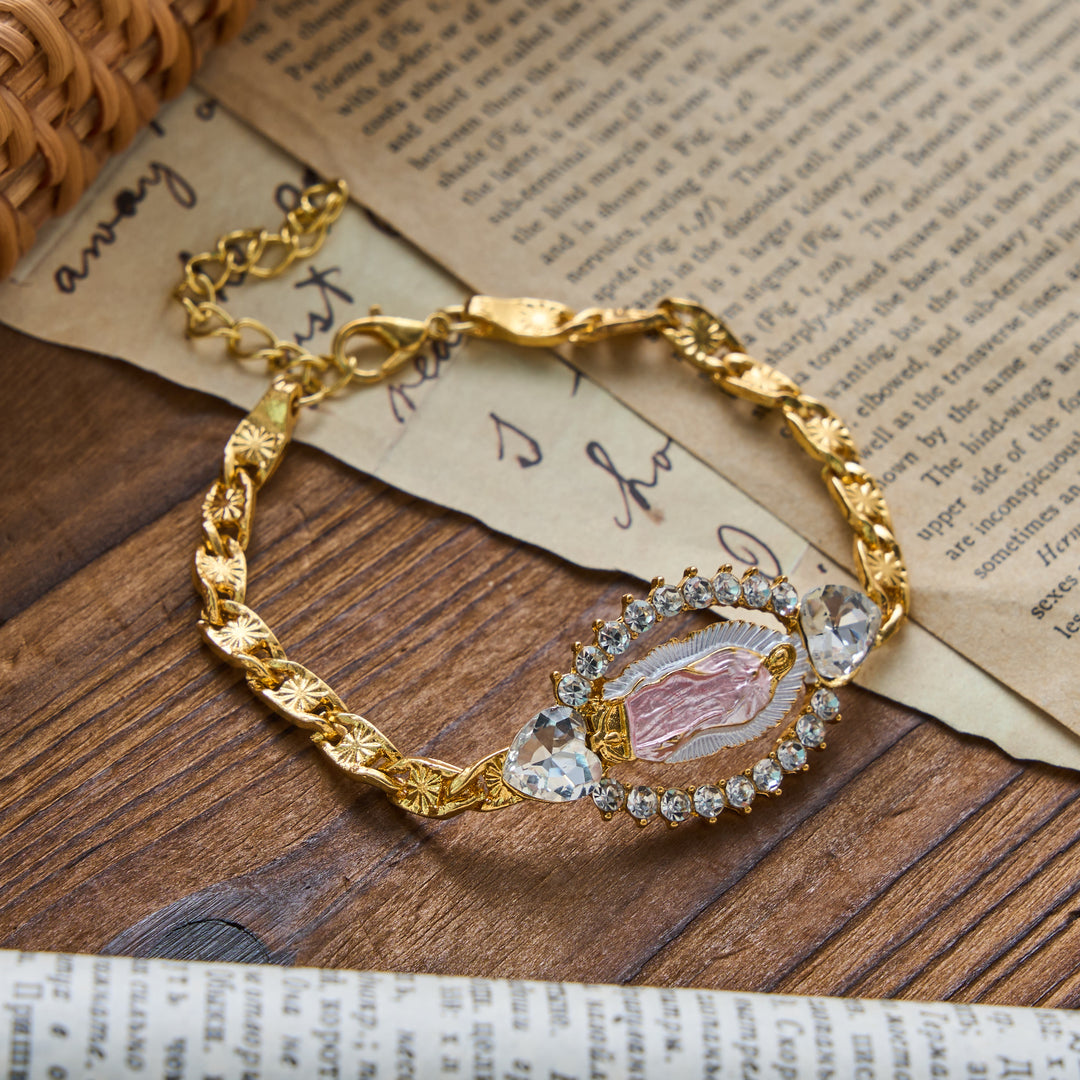Christianartworkshop Bracelet à maillons gourmette avec pendentif ovale Notre-Dame de Guadalupe et cadre en cristal en forme de cœur : emblème personnalisé de la foi céleste inébranlable - Rose - image 3