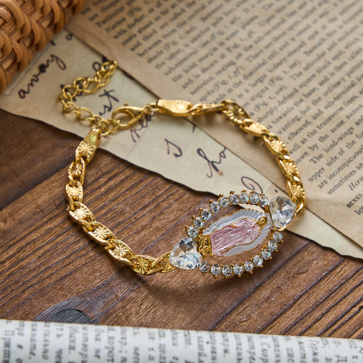 Christianartworkshop Bracelet à maillons gourmette avec pendentif ovale Notre-Dame de Guadalupe et cadre en cristal en forme de cœur : emblème personnalisé de la foi céleste inébranlable - Rose - image 3
