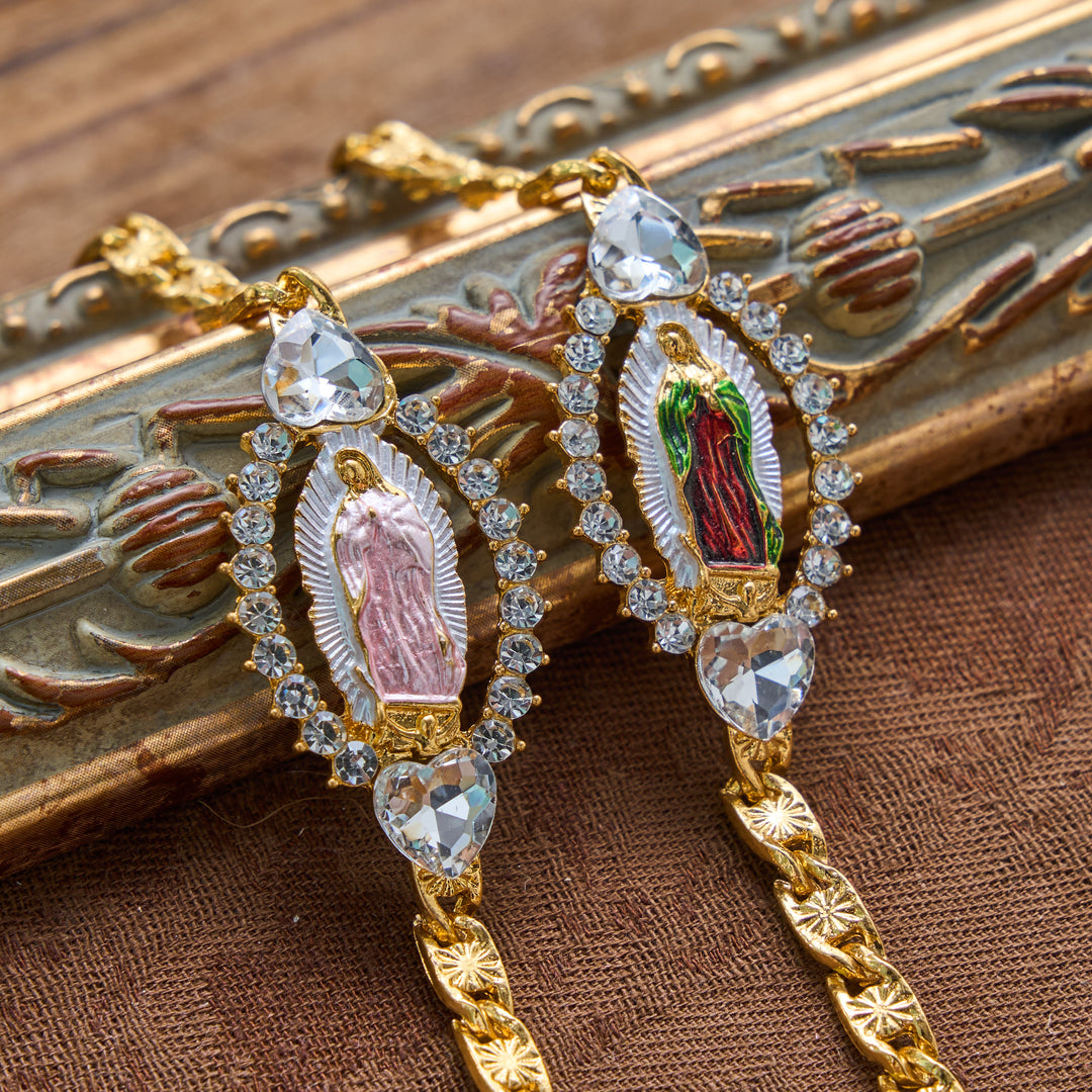 Christianartworkshop Bracelet à maillons gourmette avec pendentif ovale Notre-Dame de Guadalupe et cadre en cristal en forme de cœur : emblème personnalisé de la foi céleste inébranlable - image 0