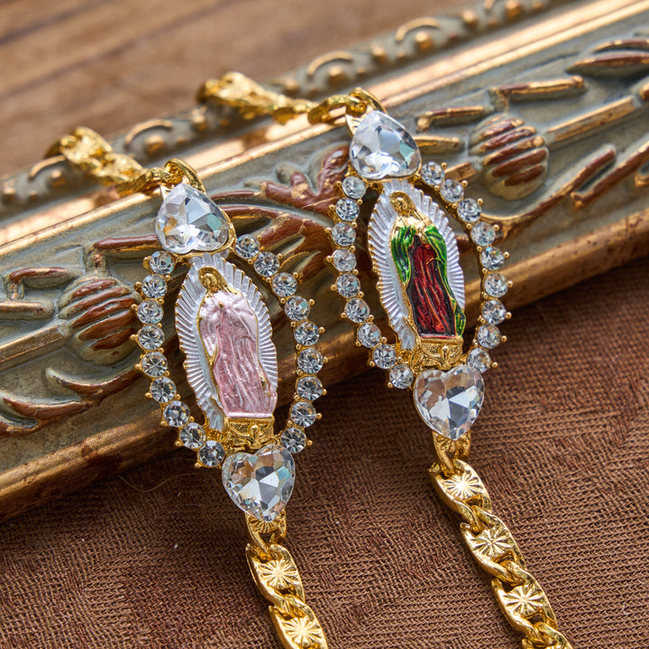 Christianartworkshop Bracelet à maillons gourmette avec pendentif ovale Notre-Dame de Guadalupe et cadre en cristal en forme de cœur : emblème personnalisé de la foi céleste inébranlable - image 0