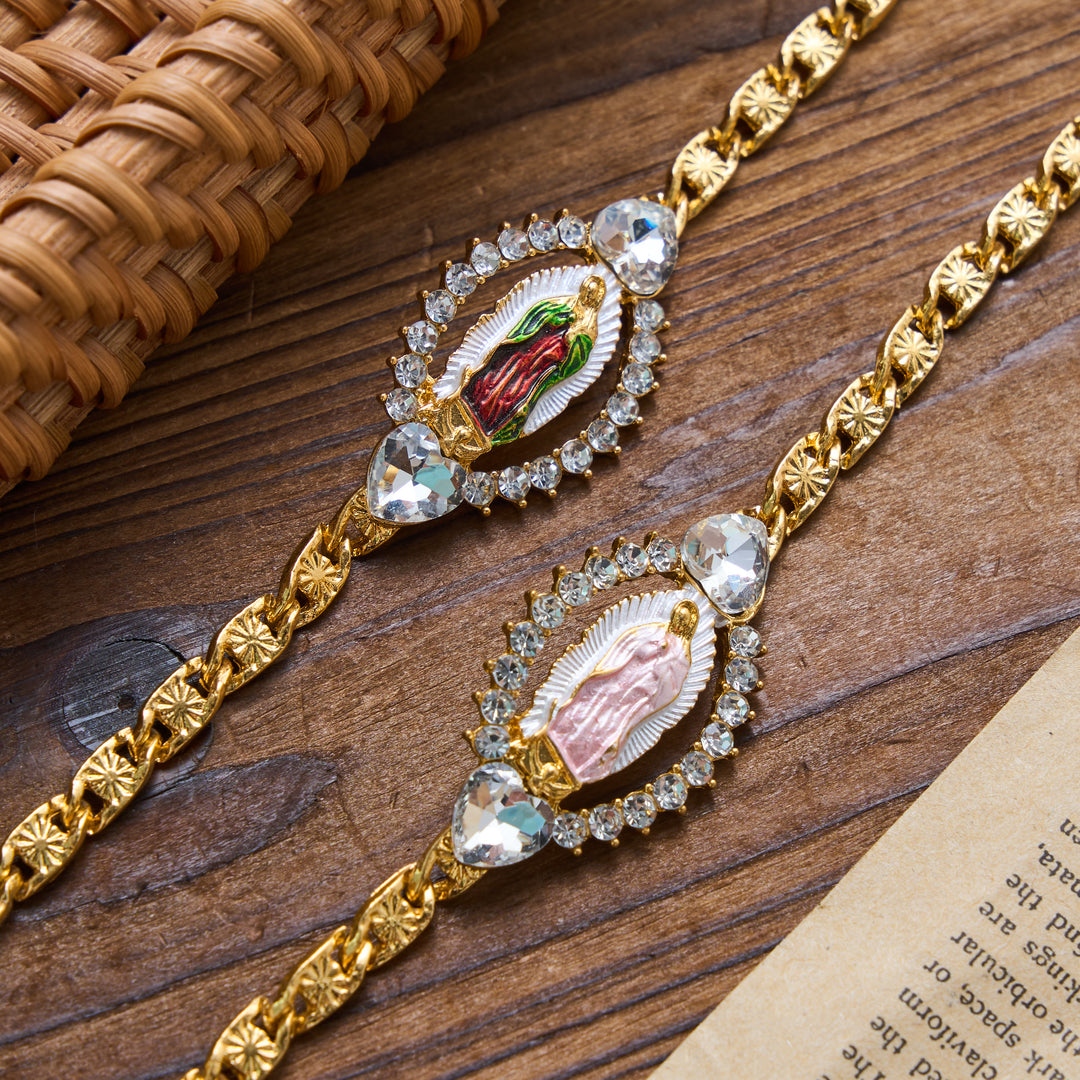 Christianartworkshop Bracelet à maillons gourmette avec pendentif ovale Notre-Dame de Guadalupe et cadre en cristal en forme de cœur : emblème personnalisé de la foi céleste inébranlable - image 1