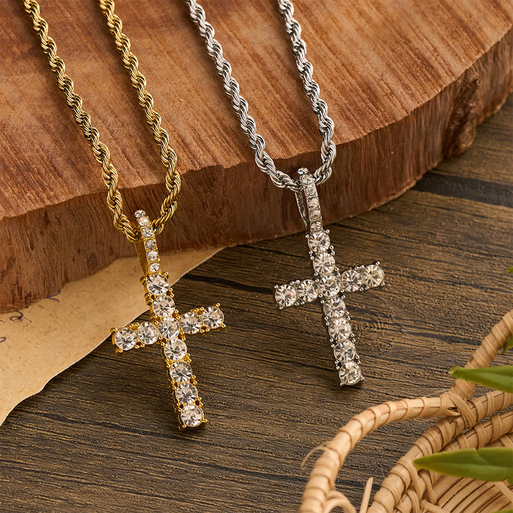 Christianartworkshop Collier croix sertie de pierres et orné d'une chaîne torsadée lisse : emblème intemporel de douce protection céleste - image 1