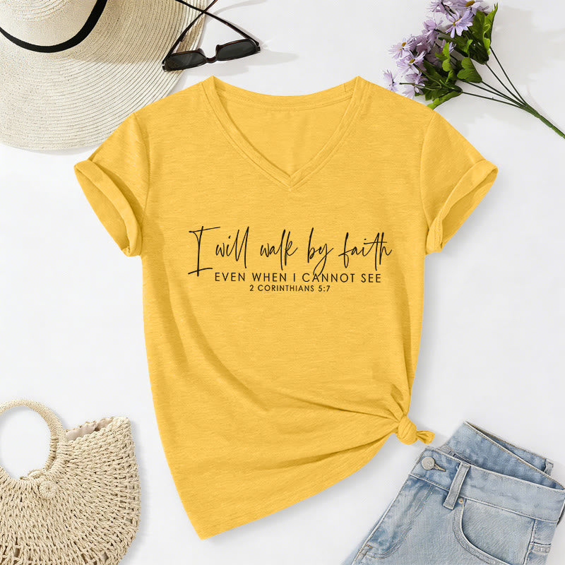 Christianartworkshop T-shirt décontracté à col en V avec verset biblique en double police : « Je marcherai par la foi » - Jaune - 2XL - image 0