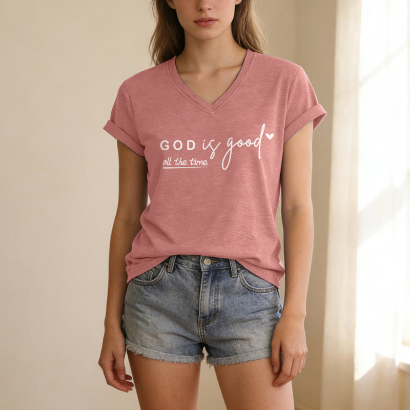 Christianartworkshop T-shirt décontracté à col en V avec double petit cœur et motif Dieu est bon en tout temps - image 17