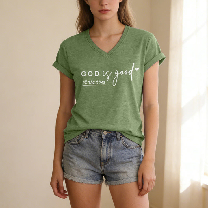 Christianartworkshop T-shirt décontracté à col en V avec double petit cœur et motif Dieu est bon en tout temps - image 19