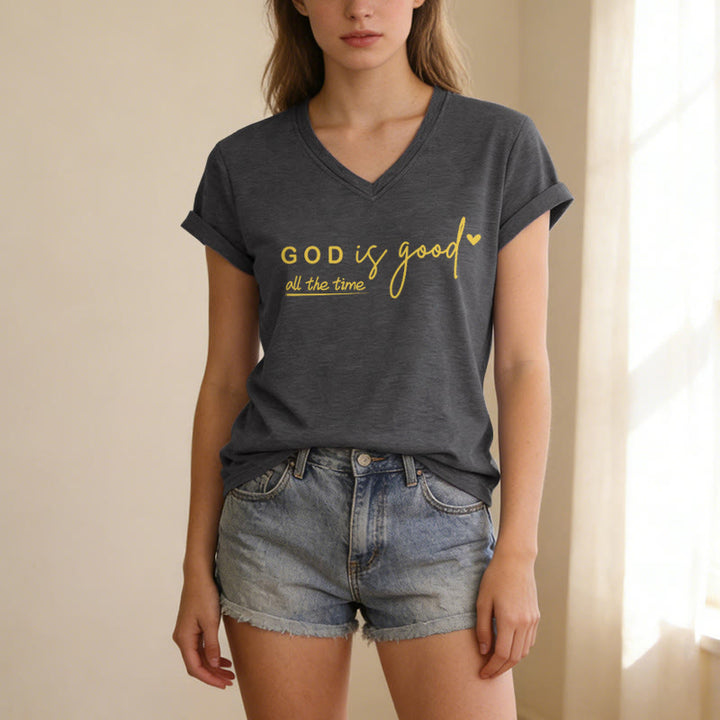 Christianartworkshop T-shirt décontracté à col en V avec double petit cœur et motif Dieu est bon en tout temps - image 11