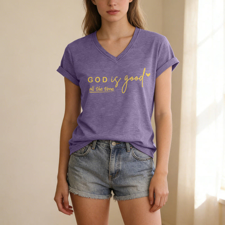 Christianartworkshop T-shirt décontracté à col en V avec double petit cœur et motif Dieu est bon en tout temps - image 9