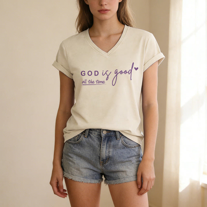 Christianartworkshop T-shirt décontracté à col en V avec double petit cœur et motif Dieu est bon en tout temps - image 1