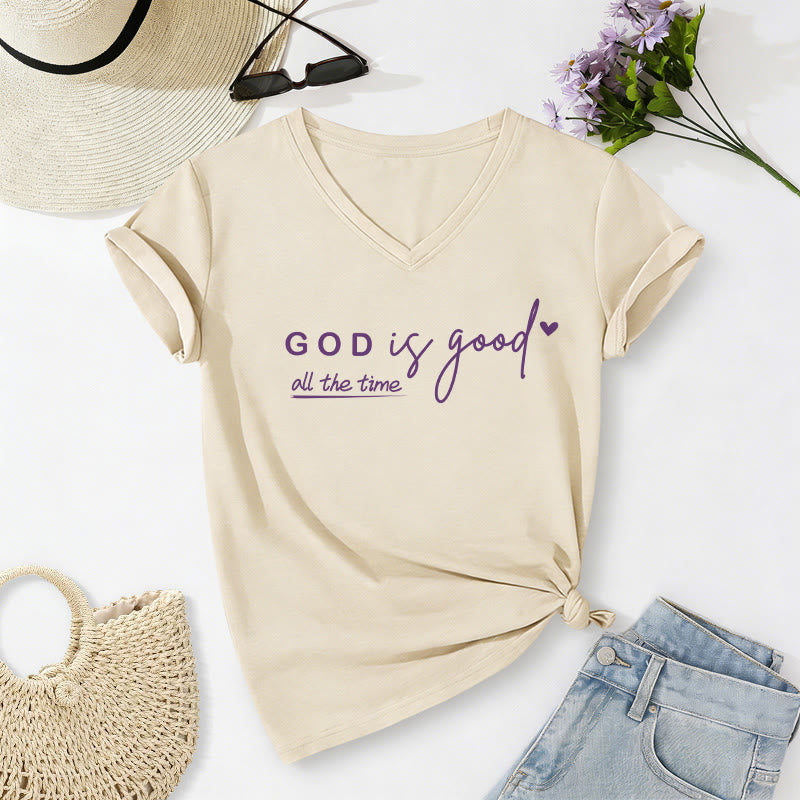 Christianartworkshop T-shirt décontracté à col en V avec double petit cœur et motif Dieu est bon en tout temps - Beige - 2XL - image 0