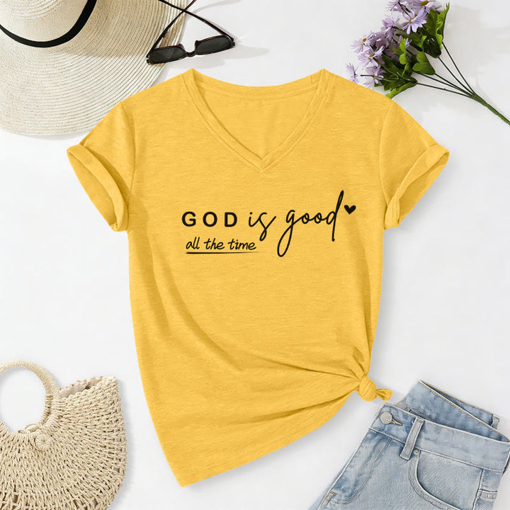 Christianartworkshop T-shirt décontracté à col en V avec double petit cœur et motif Dieu est bon en tout temps - Jaune - 2XL - image 2