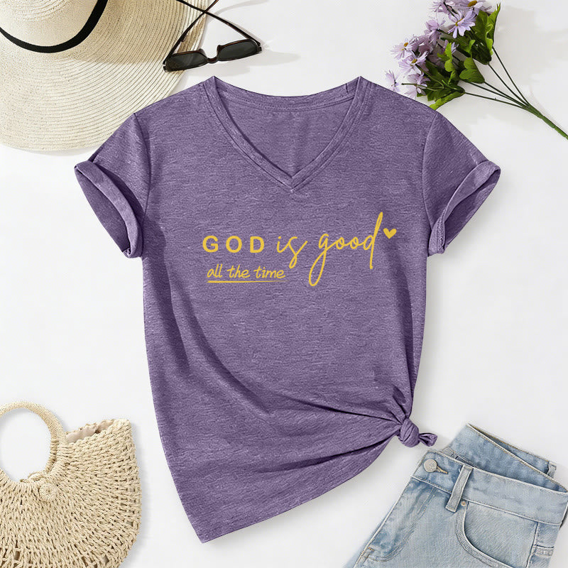 Christianartworkshop T-shirt décontracté à col en V avec double petit cœur et motif Dieu est bon en tout temps - Violet - 2XL - image 8