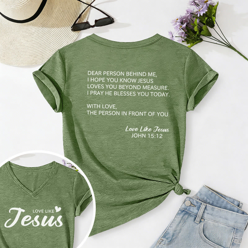Christianartworkshop T-shirt décontracté à col en V avec inscription « Chère personne derrière moi » (verset Jean 15:12, texte au dos) - Vert olive - 2XL - image 54