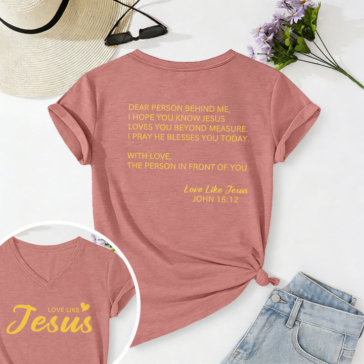 Christianartworkshop T-shirt décontracté à col en V avec inscription « Chère personne derrière moi » (verset Jean 15:12, texte au dos) - Rose clair - 2XL - image 6