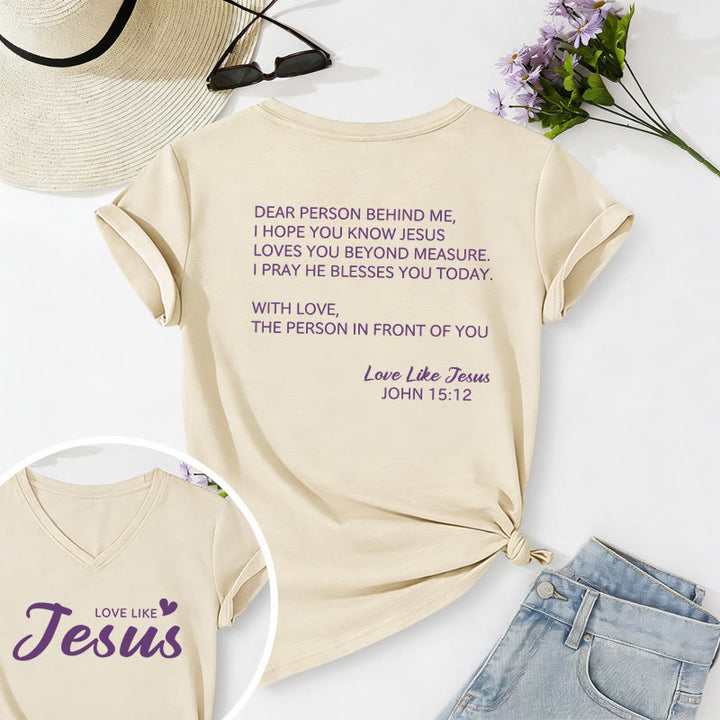 Christianartworkshop T-shirt décontracté à col en V avec inscription « Chère personne derrière moi » (verset Jean 15:12, texte au dos) - Beige - 2XL - image 18