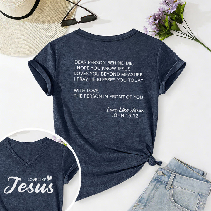 Christianartworkshop T-shirt décontracté à col en V avec inscription « Chère personne derrière moi » (verset Jean 15:12, texte au dos) - Bleu marine - 2XL - image 42