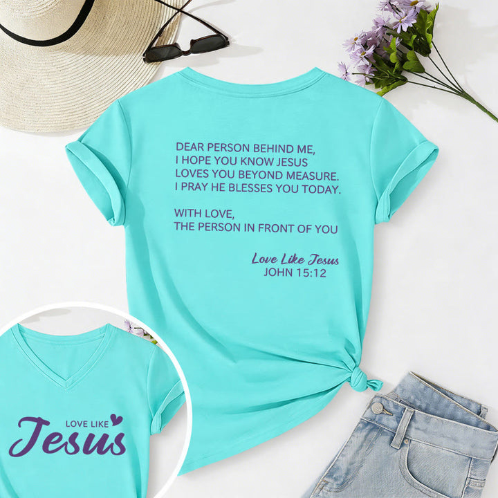 Christianartworkshop T-shirt décontracté à col en V avec inscription « Chère personne derrière moi » (verset Jean 15:12, texte au dos) - Bleu ciel - 2XL - image 66