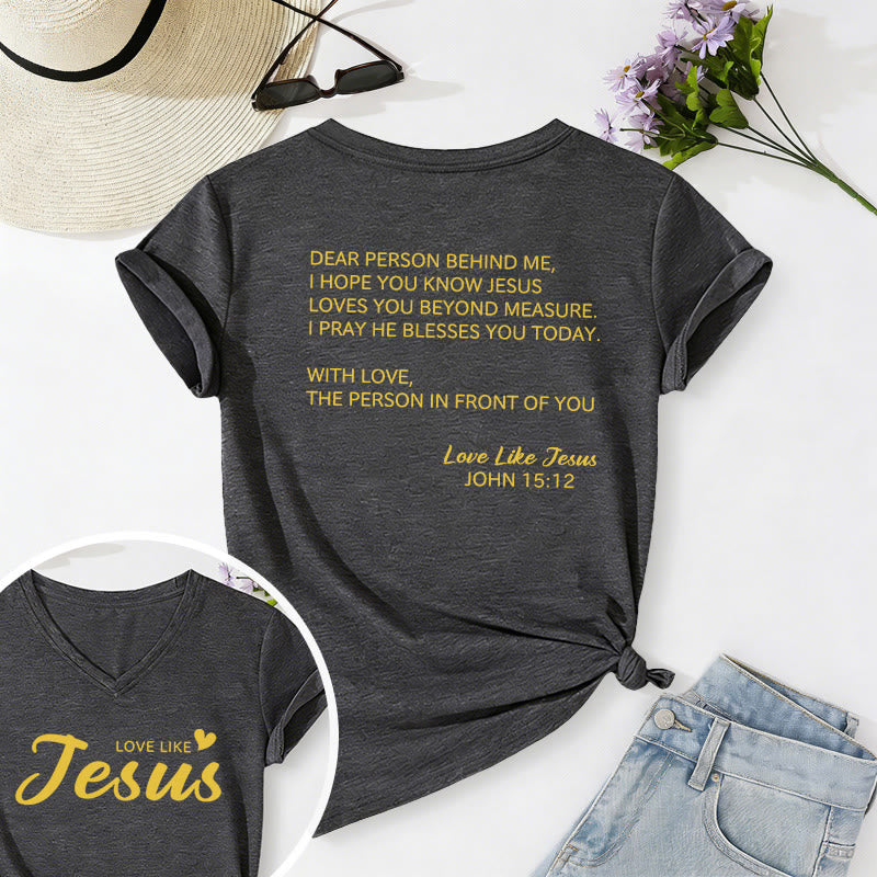 Christianartworkshop T-shirt décontracté à col en V avec inscription « Chère personne derrière moi » (verset Jean 15:12, texte au dos) - Gris foncé - 2XL - image 0