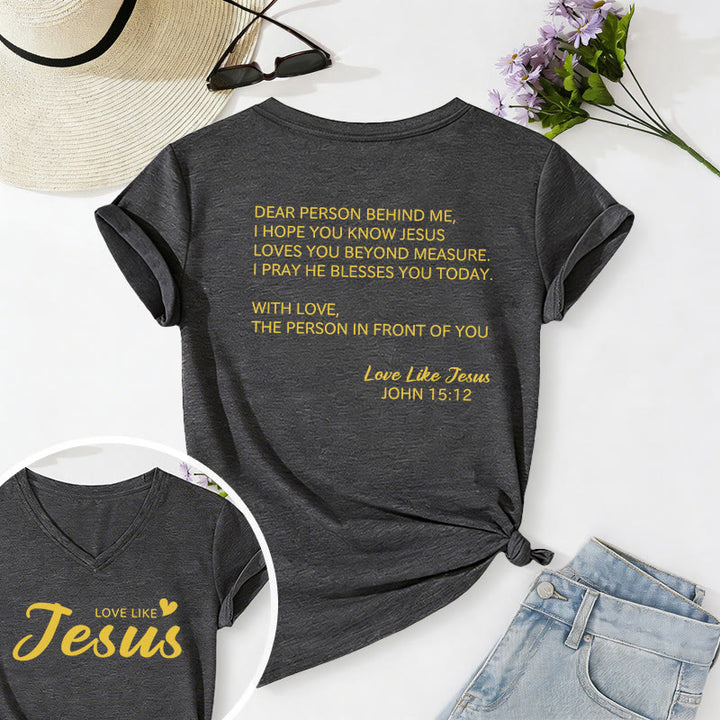 Christianartworkshop T-shirt décontracté à col en V avec inscription « Chère personne derrière moi » (verset Jean 15:12, texte au dos) - Gris foncé - 2XL - image 0
