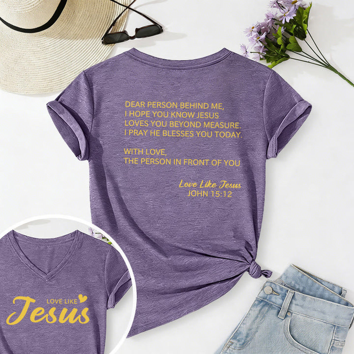 Christianartworkshop T-shirt décontracté à col en V avec inscription « Chère personne derrière moi » (verset Jean 15:12, texte au dos) - Violet - 2XL - image 36