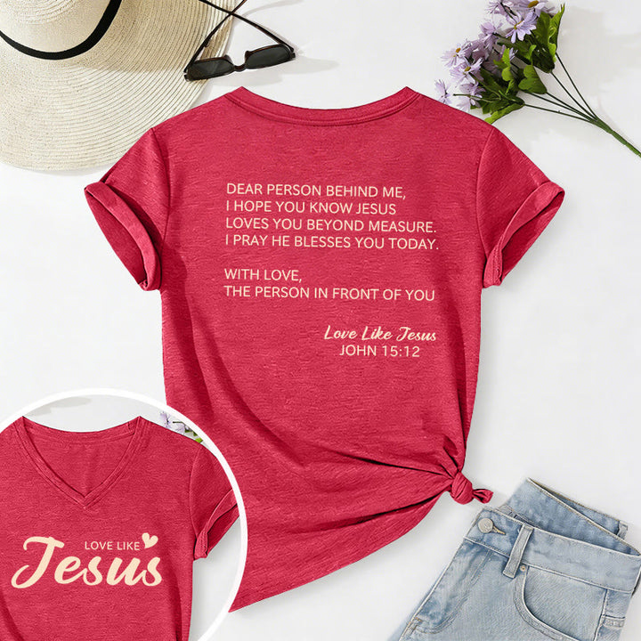 Christianartworkshop T-shirt décontracté à col en V avec inscription « Chère personne derrière moi » (verset Jean 15:12, texte au dos) - Rouge - 2XL - image 30
