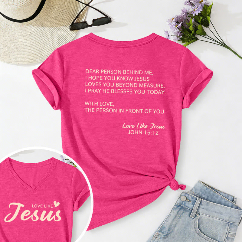 Christianartworkshop T-shirt décontracté à col en V avec inscription « Chère personne derrière moi » (verset Jean 15:12, texte au dos) - Rose - 2XL - image 48