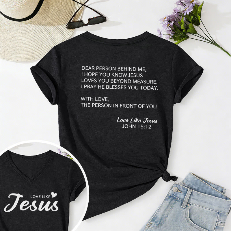Christianartworkshop T-shirt décontracté à col en V avec inscription « Chère personne derrière moi » (verset Jean 15:12, texte au dos) - Noir - 2XL - image 12