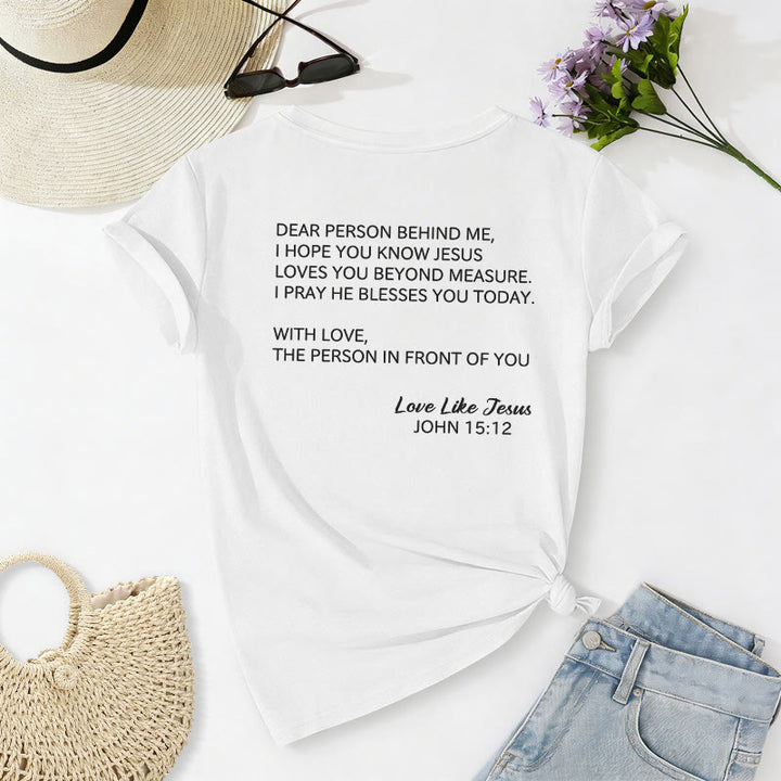 Christianartworkshop T-shirt décontracté à col en V avec inscription « Chère personne derrière moi » (verset Jean 15:12, texte au dos) - image 64