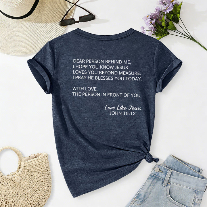 Christianartworkshop T-shirt décontracté à col en V avec inscription « Chère personne derrière moi » (verset Jean 15:12, texte au dos) - image 46