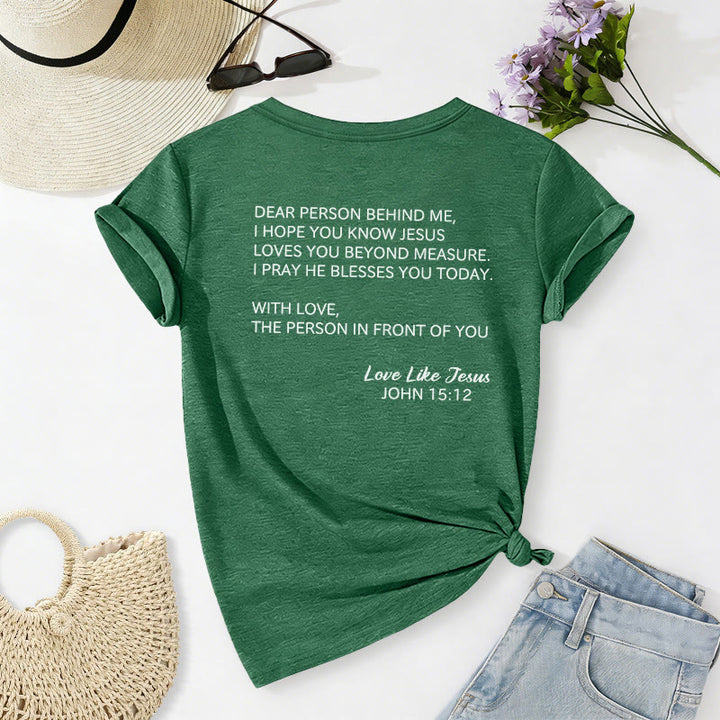 Christianartworkshop T-shirt décontracté à col en V avec inscription « Chère personne derrière moi » (verset Jean 15:12, texte au dos) - image 76
