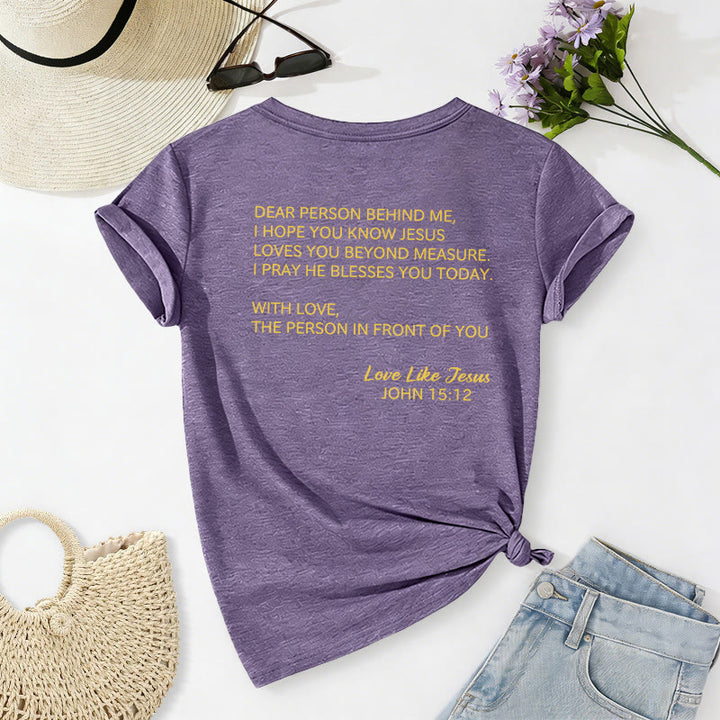 Christianartworkshop T-shirt décontracté à col en V avec inscription « Chère personne derrière moi » (verset Jean 15:12, texte au dos) - image 40