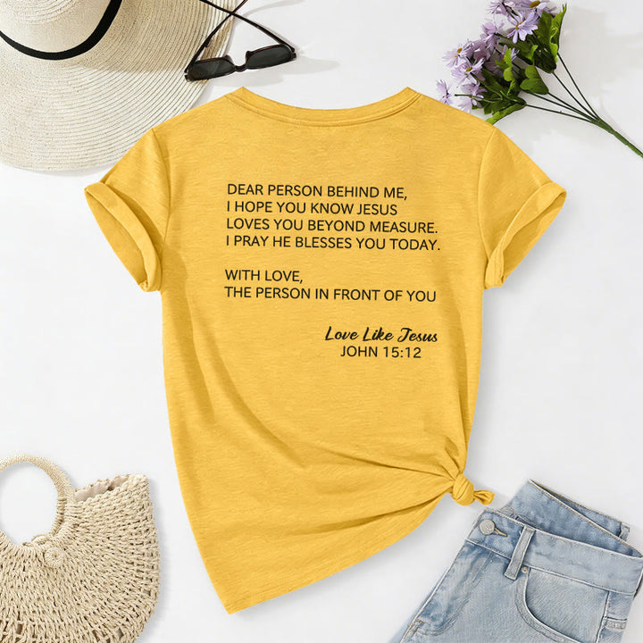Christianartworkshop T-shirt décontracté à col en V avec inscription « Chère personne derrière moi » (verset Jean 15:12, texte au dos) - image 28