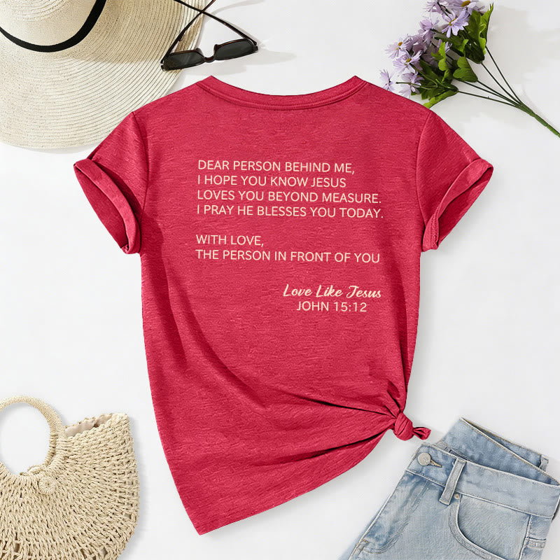Christianartworkshop T-shirt décontracté à col en V avec inscription « Chère personne derrière moi » (verset Jean 15:12, texte au dos) - image 34