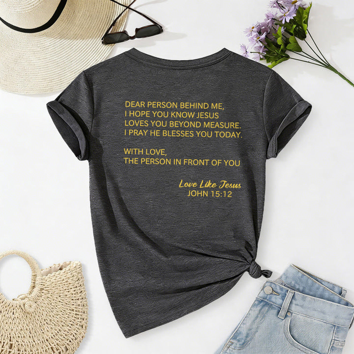 Christianartworkshop T-shirt décontracté à col en V avec inscription « Chère personne derrière moi » (verset Jean 15:12, texte au dos) - image 4
