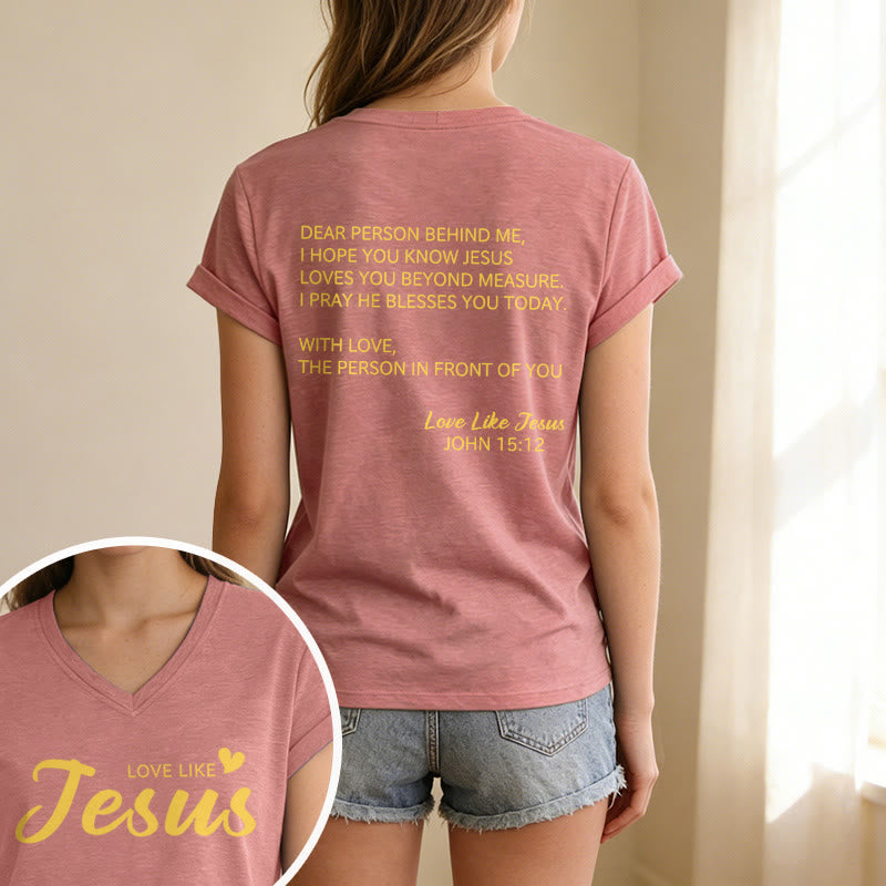 Christianartworkshop T-shirt décontracté à col en V avec inscription « Chère personne derrière moi » (verset Jean 15:12, texte au dos) - image 7